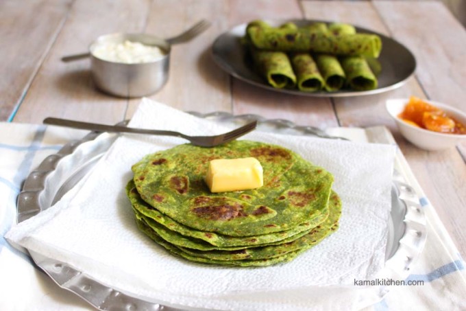 Spinach whole wheat wraps or palak paratha
